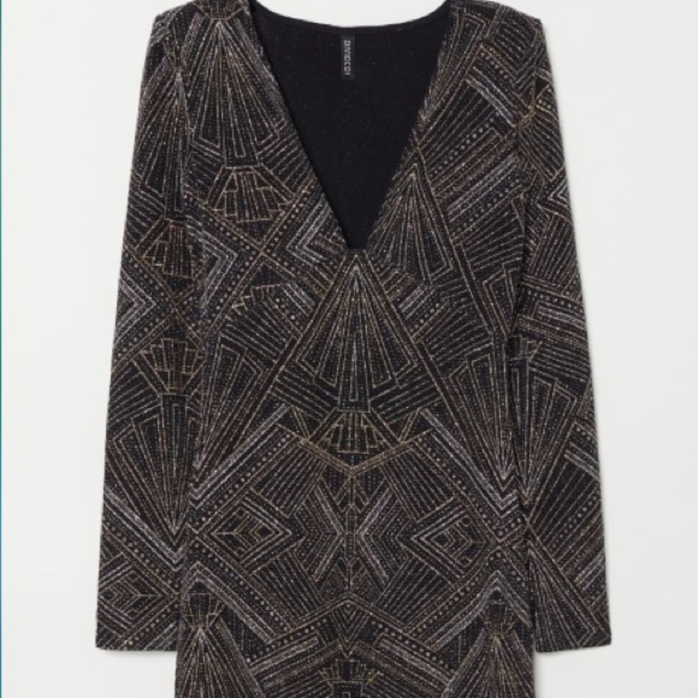 NWOT H&M BLACK GLITTER PATTERN BODYCON DRESS - Picture 2 of 9